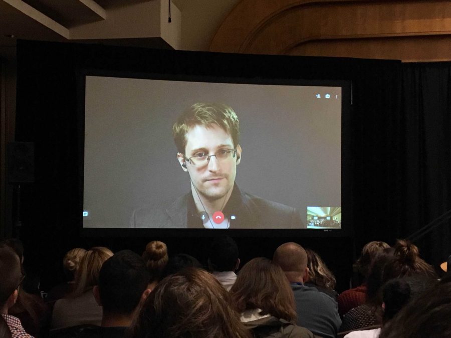 Edward Snowden on a Skype call from his studio in Russia speaking to the crowd at the National Journalism Convention.