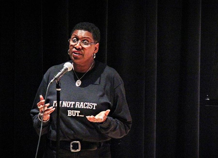 Joyce Fountain leading the discussion of Im Not Racist But... in the Spartan Auditorium.   