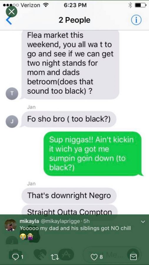 Screenshot of the conversation that ECC student, @mikaylaprigee, posted on Twitter that caused major racial tension on social media.