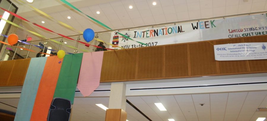 Ceiling decor and banner for International Week, held Nov. 13 through 16.