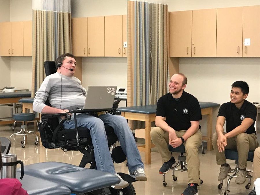 Assistant Professor of English John Mravik visited a group of students from the PTA (physical therapist assistant) program on March 23. Mravik, a quadriplegic and former ECC Orrin G. Thompson Teaching Excellence Award winner, spoke to them about handling wheel-chair bound patients. 