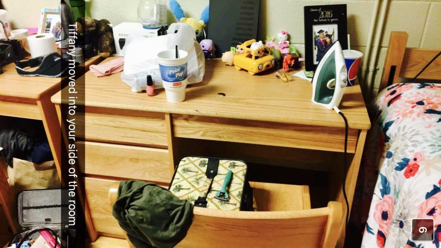 This is my desk in my dorm at a previous university that I attended. Note: I did not make this mess - my roommates friend did.
