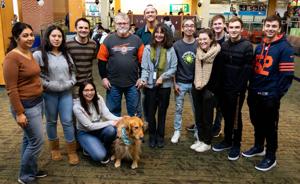 Chloe, the therapy dog, makes an appearance for this semester's Stress-Free Zone