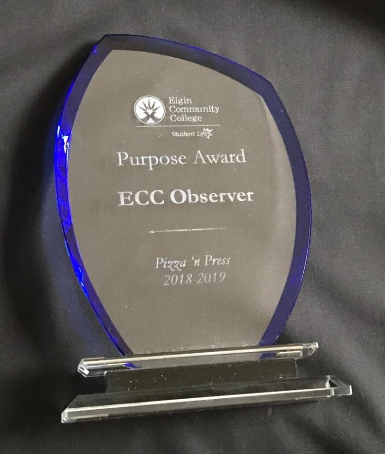 The Observer was presented an ECC Student Life Purpose Award for hosting its Pizza n Press event.