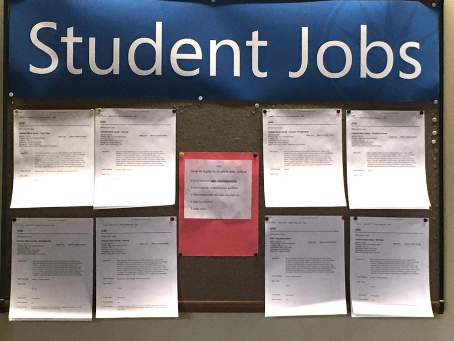 Student job postings are listed on this bulletin board outside the Financial Aid office in B156