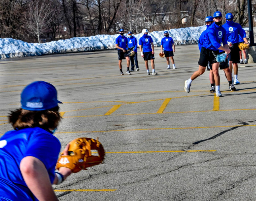 The ECC mens baseball team practices on the asphalt parking lot. As of April 7, the Spartans are 4-9-1, and they have 33 games scheduled through May.