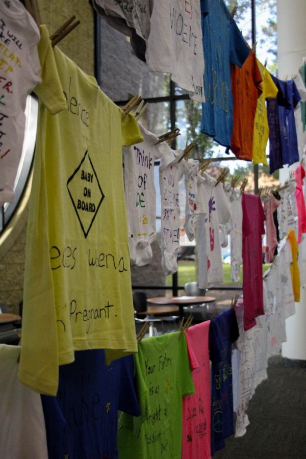 Rows of clotheslines with messages about domestic violence awareness.