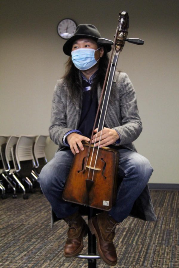 Tamir Hargana with the morin khuur (Mongolian horse-head fiddle).