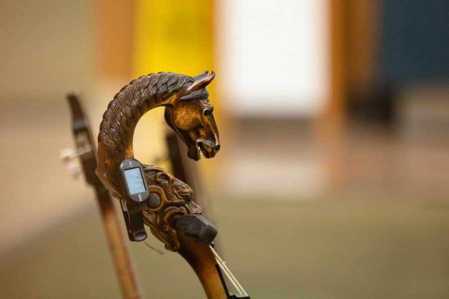 The wood carving atop the morin khuur, a Mongolian horse-head fiddle.