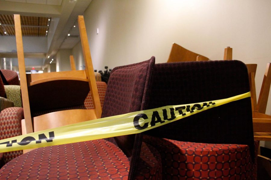 Taped off furniture tucked away in the Building C hallway.
