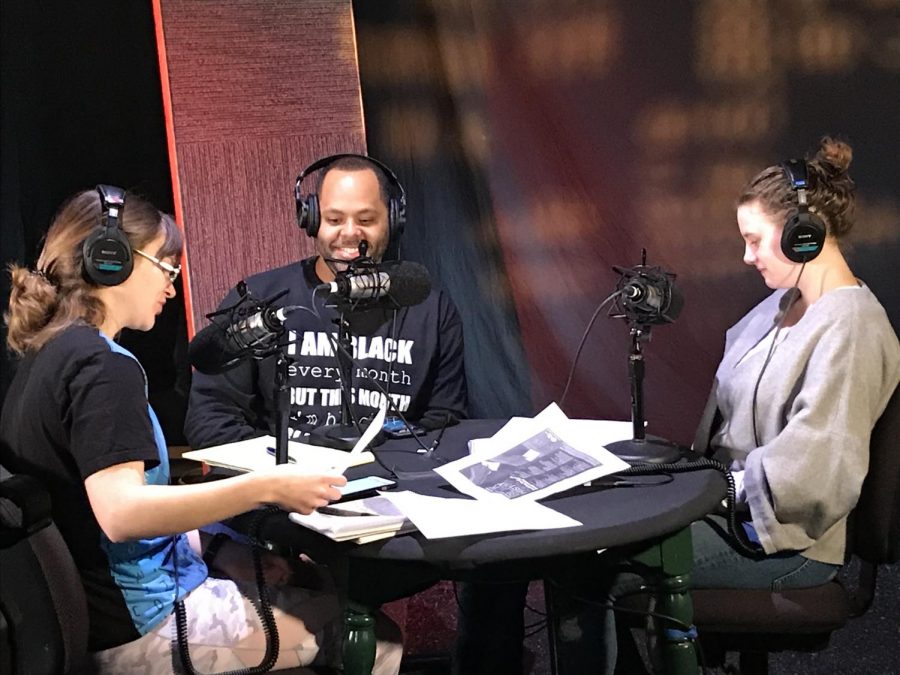 Erik Enders (center) is ECCs student life coordinator for student equity. (In this February 2020 photo, Enders is being interviewed for an Observer podcast that was never published due to the pandemic.) 