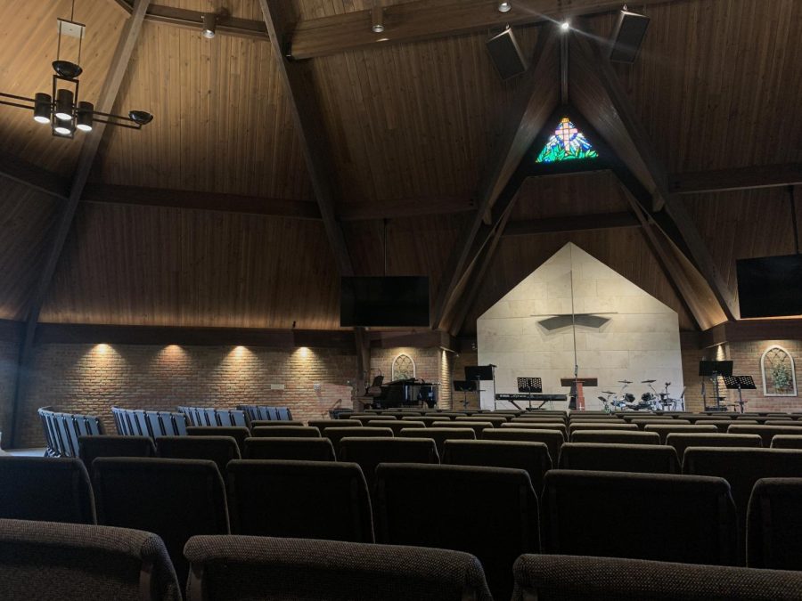 The Chapel at Riverside Community Church in St. Charles, IL, empty after crowd dismisses following Sunday morning service. 
