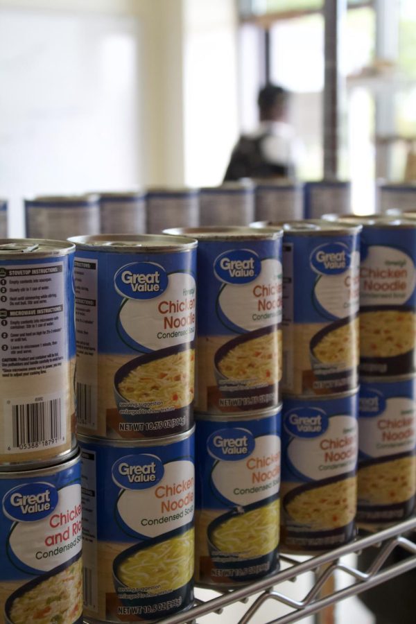 A Spartan Pantry shelf filled with canned foods, including chicken noodle soup. 