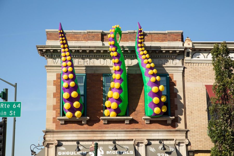 Inflatable tentacles peek out of windows above the Ghoulish Mortals business at 228 W. Main St in St. Charles. 