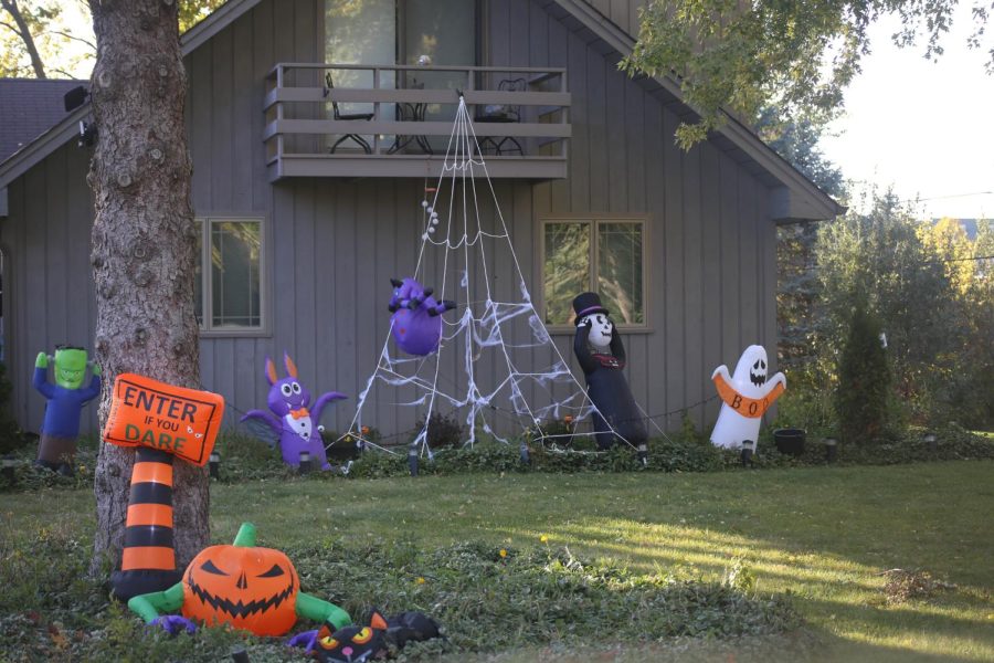 Inflatable ghosts and monsters outside of a West Dundee home.