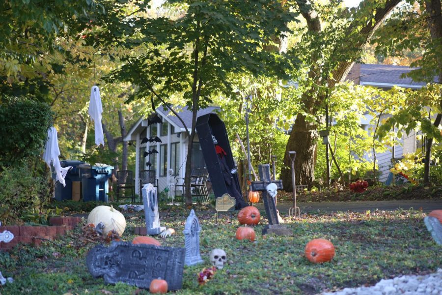A number of Halloween decorations sit outside of a West Dundee home.