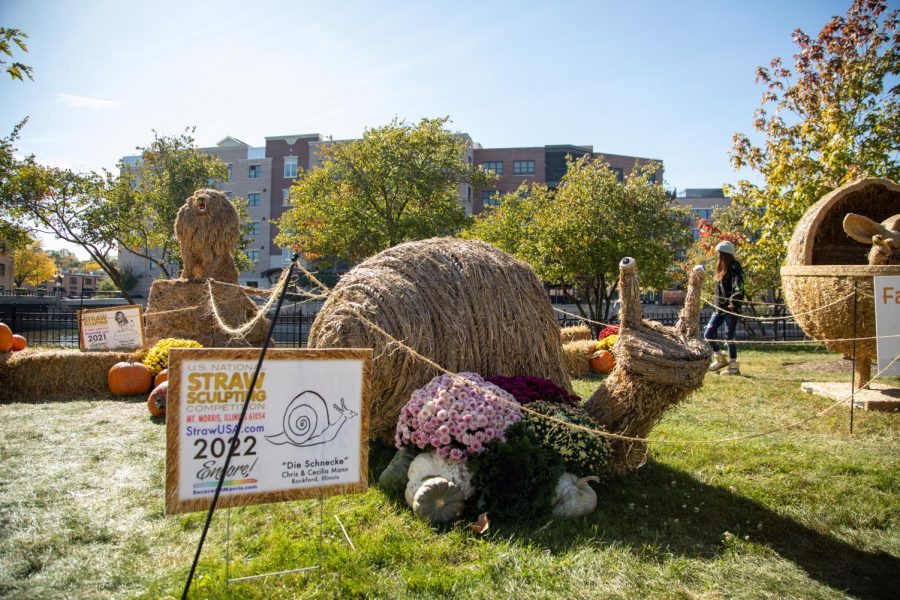A straw snail entitled Die Schnecke created by Chris and Cecilia Mann of Rockford sits on Riverside Avenue in St. Charles during Scarecrow Weekend on Oct. 8, 2022. 