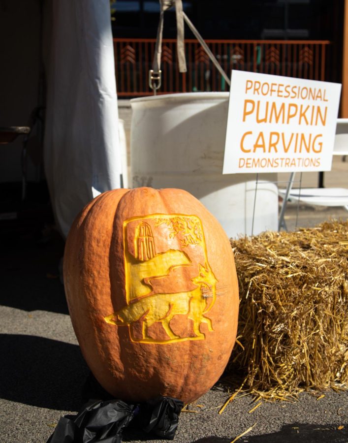 A pumpkin carved with the logo of St. Charles is displayed in front of Professional Pumpkin Carver Marc Solomons tent on Riverside Avenue during Scarecrow Weekend in St. Charles on Saturday, Oct. 8, 2022. 