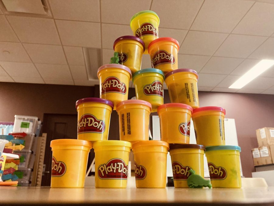 A tower of Play-Doh set out to inspire students to be creative.