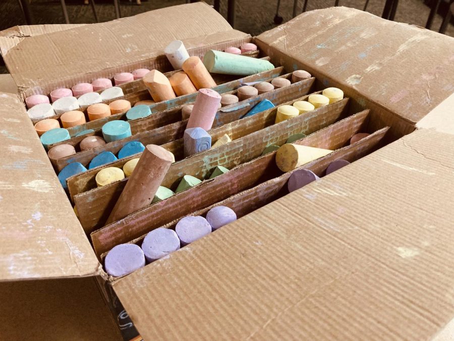 A box of Crayola chalk ready to be set out for Recess Day.