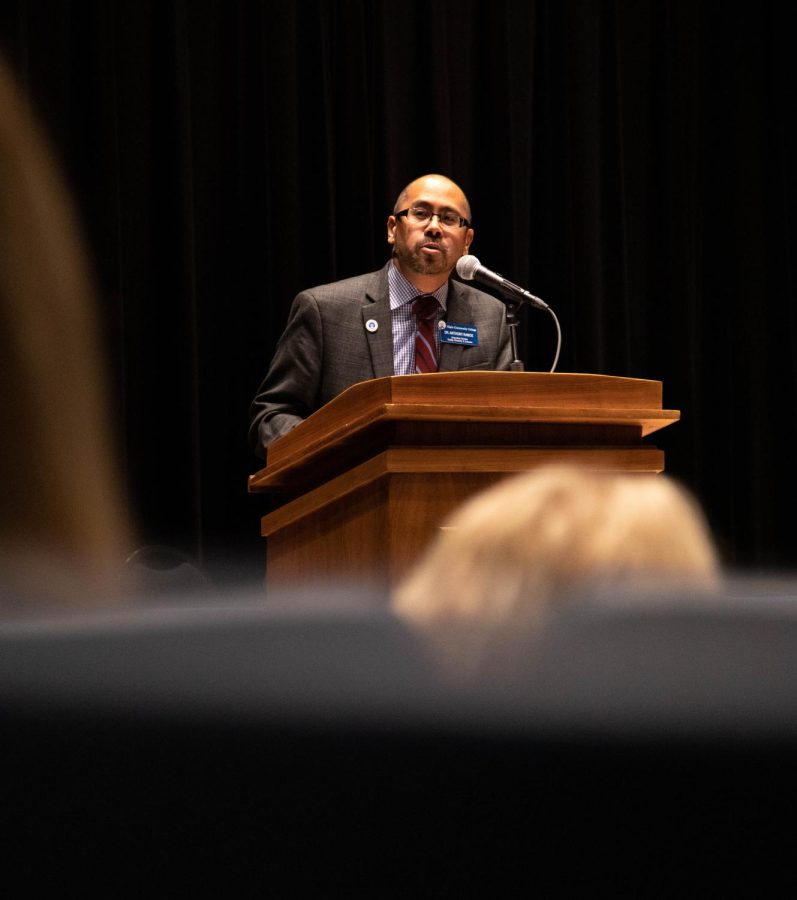 ECC Executive Director of Equity, Diversity, and Inclusion Anthony Ramos speaks at the Community Conversation: Reaffirming ECCs Commitment to Equity, Diversity, and Inclusion in the Spartan Auditorium in Building G on Wednesday, Nov. 9, 2022. 
