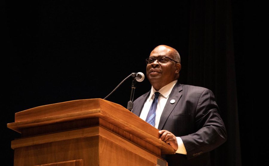 ECC President David Sam speaks at the Community Conversation: Reaffirming ECCs Commitment to Equity, Diversity, and Inclusion in the Spartan Auditorium in Building G on Wednesday, Nov. 9, 2022. 
