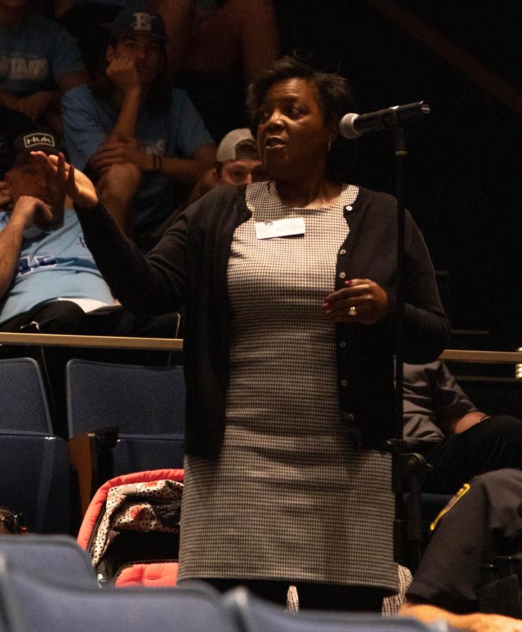 Susan Taylor-Demming, the ECC director of leadership giving, comments during the Community Conversation: Reaffirming ECCs Commitment to Equity, Diversity, and Inclusion in the Spartan Auditorium in Building G on Wednesday, Nov. 9, 2022. 
