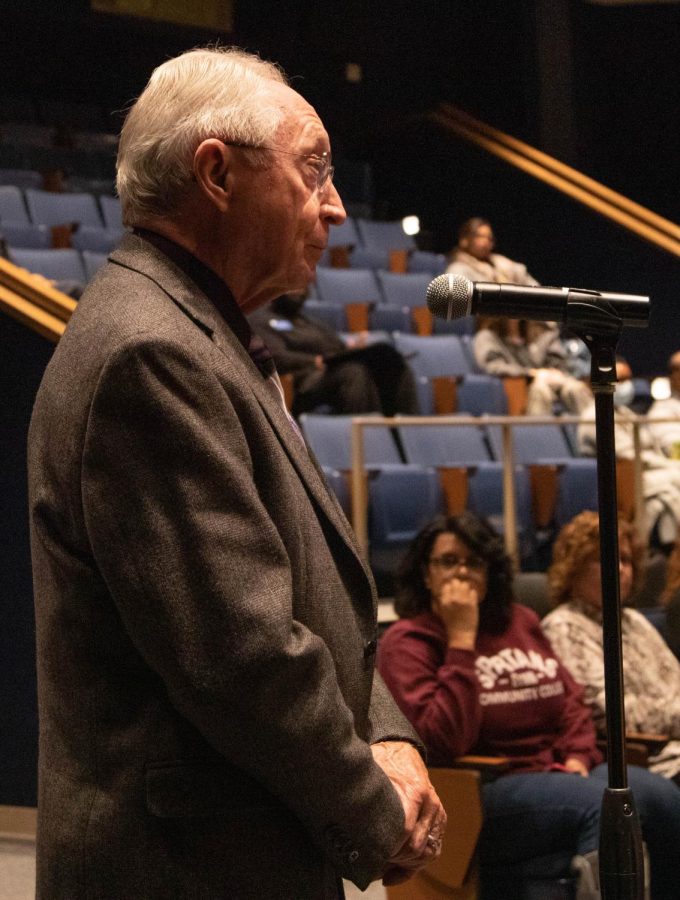 ECC Secretary of the Board of Trustees John Duffy makes a comment during the Community Conversation: Reaffirming ECCs Commitment to Equity, Diversity, and Inclusion in the Spartan Auditorium in Building G on Wednesday, Nov. 9, 2022. 
