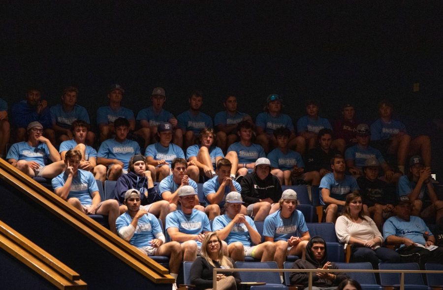 The ECC baseball team sits in the audience of the Community Conversation: Reaffirming ECCs Commitment to Equity, Diversity, and Inclusion in the Spartan Auditorium in Building G on Wednesday, Nov. 9, 2022. 
