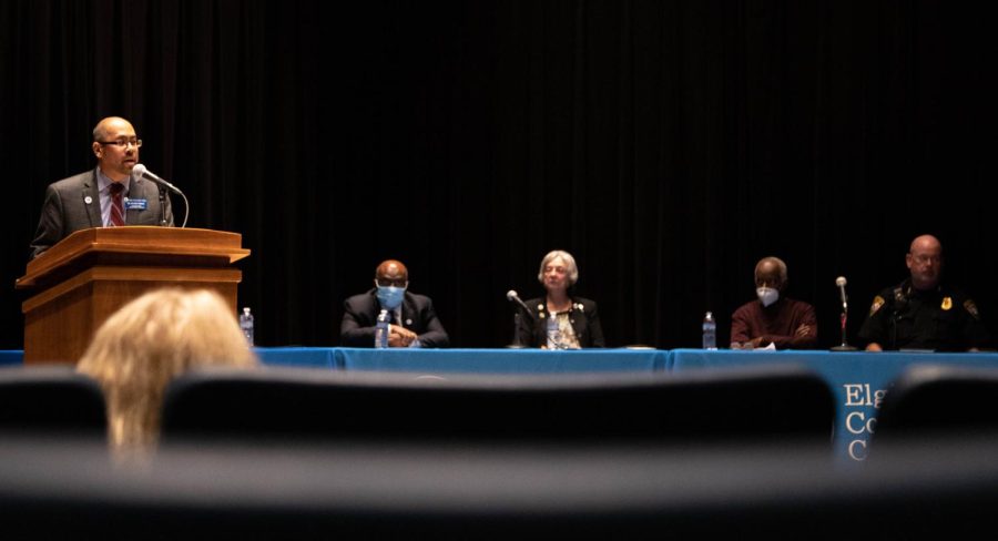 The panel listens as Dr. Anthony Ramos speaks during the Community Conversation: Reaffirming ECCs Commitment to Equity, Diversity, and Inclusion in the Spartan Auditorium in Building G on Wednesday, Nov. 9, 2022. 
