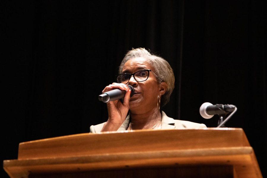  Dr. Escortina Ervin speaks during the Community Conversation: Reaffirming ECCs Commitment to Equity, Diversity, and Inclusion in the Spartan Auditorium in Building G on Wednesday, Nov. 9, 2022. 
