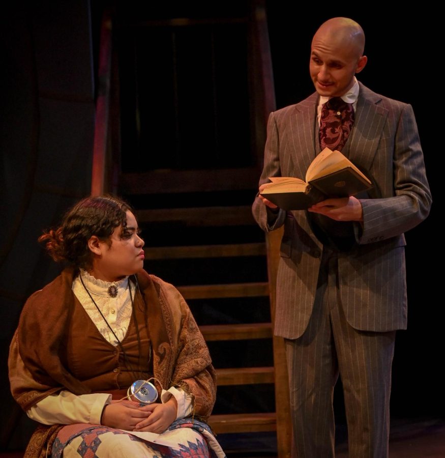 Peter shaw portrayed by Cameron Graber questions Henrietta Levitt played by Salma Yatsil Armenta during ECCs production of Lauren Gundersons play Silent Sky on Nov. 16, 2022. 