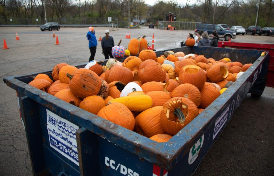 One of two dumpsters filled pumpkins sits at the St. Charles Public Works Facility in St. Charles during the Green Your Halloween on Saturday Nov. 5, 2022.  