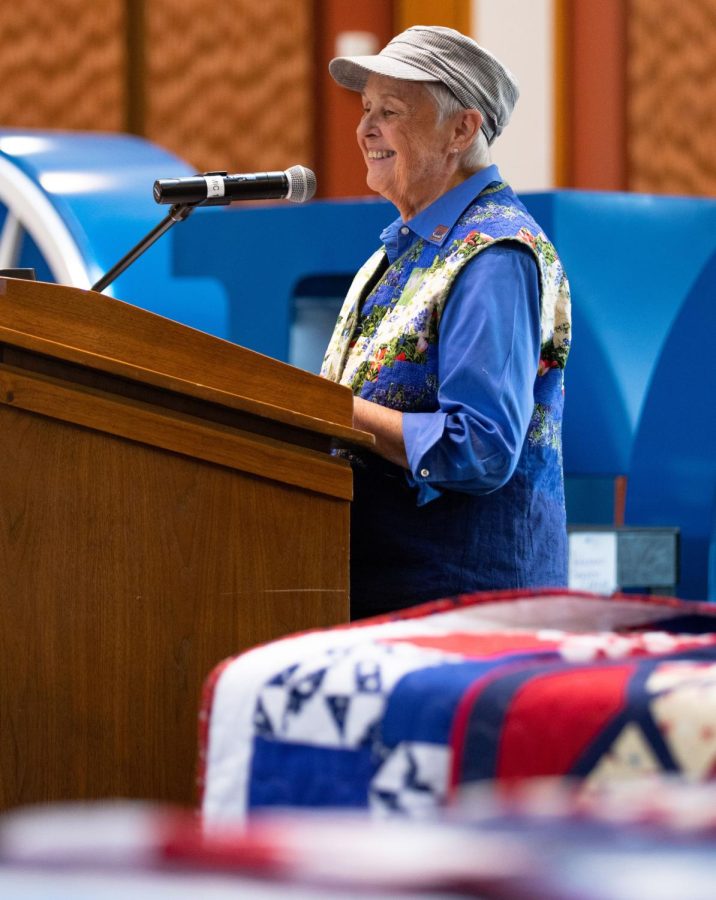 Quilts of Valor volunteer Shirley Pflederer speaks about the Quilts of Valor during the Veterans Day Celebration in the Jobe Lounge at ECC on Friday Nov. 11, 2022.  