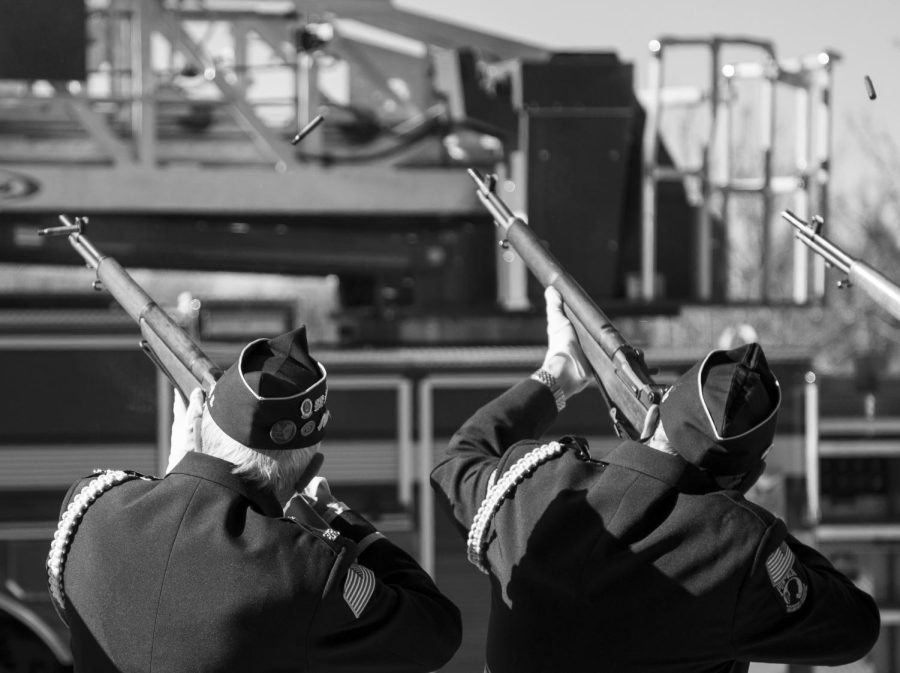 Members of the color guard from American Legion post 342 perform a gun salute during the annual St. Charles Veterans Day Ceremony at Fire Station 1 in St. Charles on Nov. 11, 2022.  