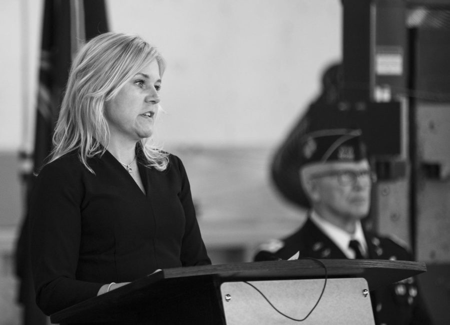 Mayor of St. Charles, Lora Vitek, speaks during the annual St. Charles Veterans Day Ceremony at Fire Station 1 in St. Charles on Nov. 11, 2022.  