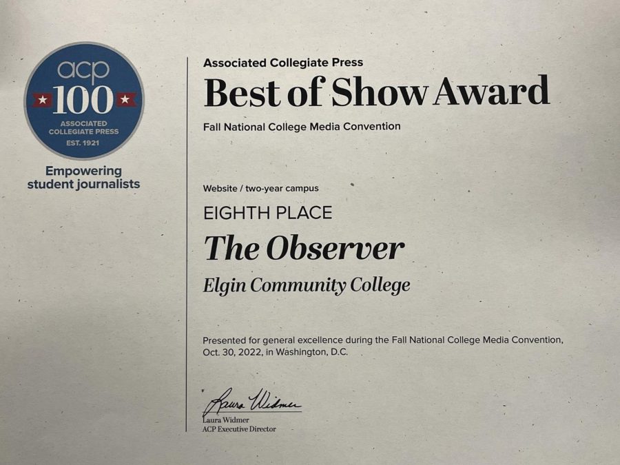 The Observer placed 8th in the Best of Show competition in the two-year school category for news websites. The award was presented at MediaFest 2022 in Washington DC.