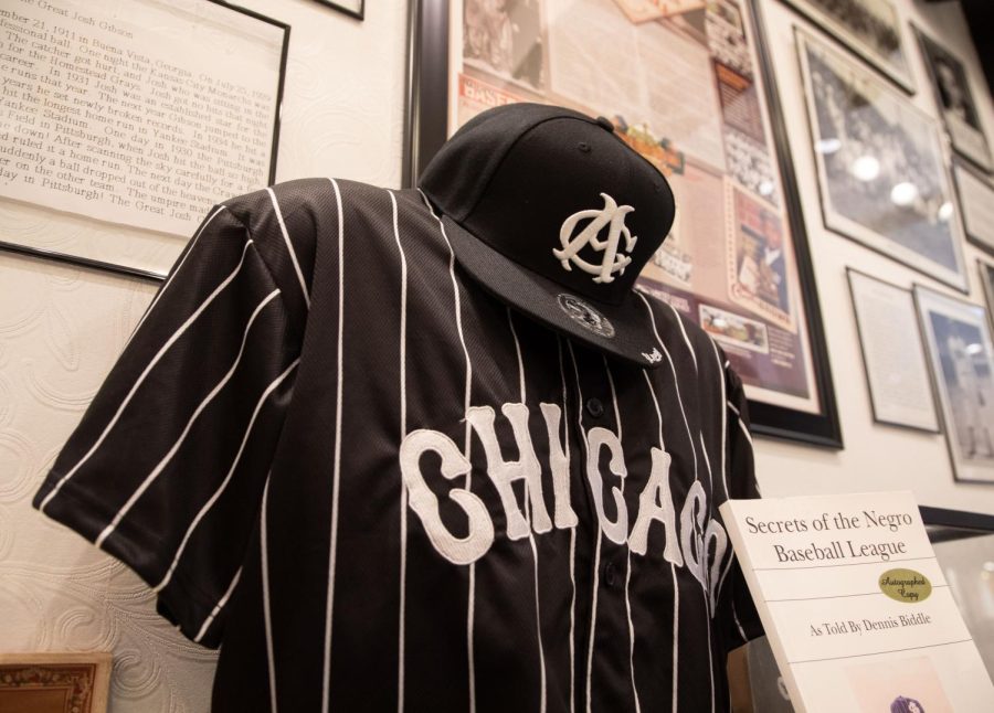 A replica of Biddles Chicago American Giants hat and jeresy on display at his store located in the Mayfair Mall in Wauwatosa, Wisconsin.