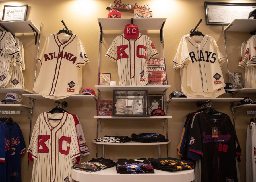 A wall of Negro League merchandise at Biddles store located in the Mayfair Mall in Wauwatosa, Wisconsin.