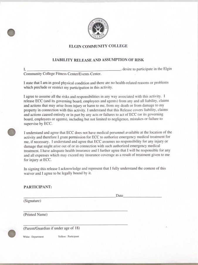 An image of the Liability Release And Assumption Of Risk waiver that students must sign to use the fitness center. 