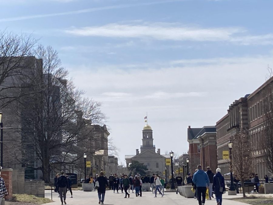 A view of the Old Capitol building down the T. Anne Cleary Walkway on the University of Iowa campus in Iowa City on March 29, 2023.