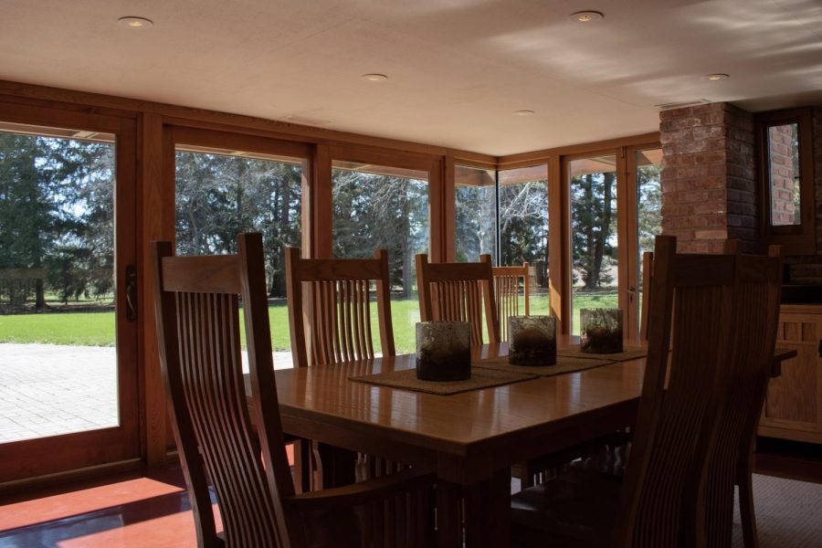 The dining room in the Muirhead Farmhouse in Hampshire, IL on April 6, 2023. Natural light and a clear connection to nature were very important to American architect Frank Lloyd Wright.