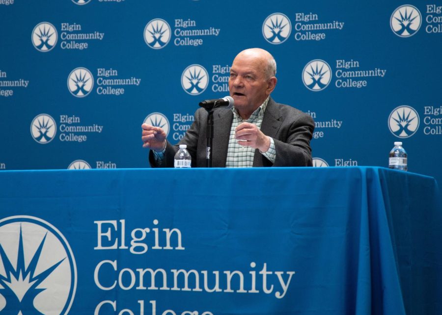 Dave Kaptain speaks about his future plans for Elgin during the Townhall Meeting with the Elgin mayoral candidates  in the Jobe Lounge  on Tuesday, March.21, 2023.  