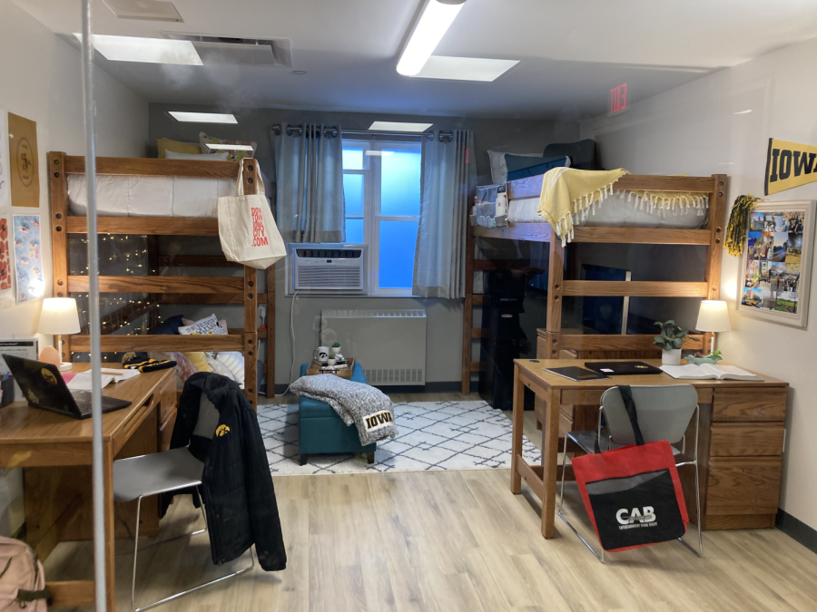 A mock-up of a dorm room sits inside the Iowa Memorial Union.