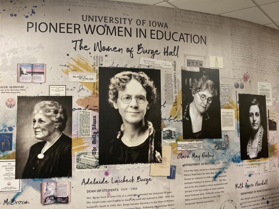A informational mural of important female historical figures inside the Burge Residence Hall at the University of Iowa on March 29, 2023.