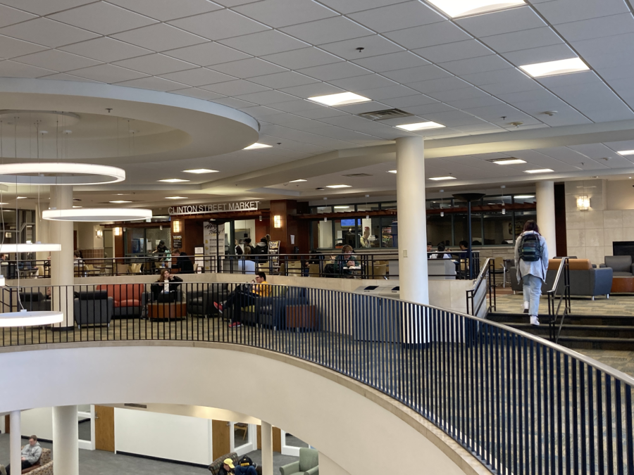 One of many lounge areas inside the Burge Residence Hall at the University of Iowa on March 29, 2023.