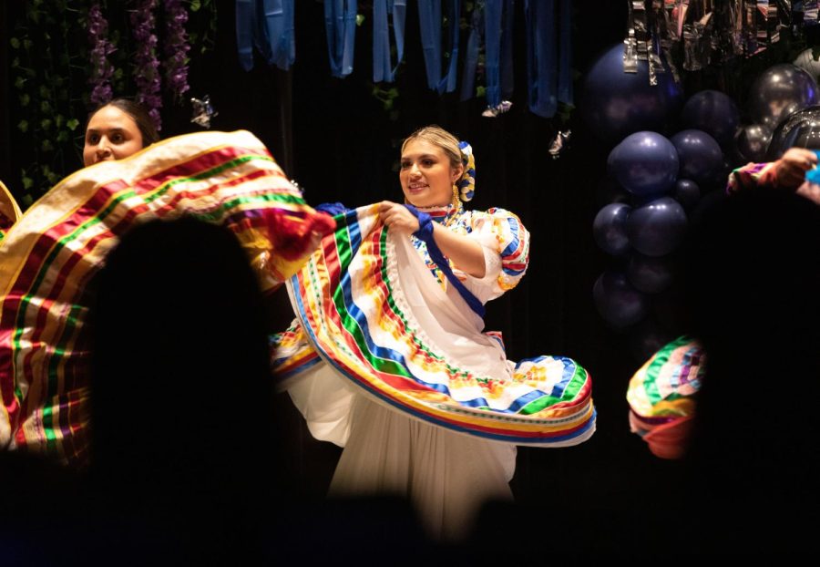 Ballet Folklorico Huehuecoyotl performs during the Miss Latinoamérica pageant hosted by OLAS in the Spartan Auditorium on Friday, April 14, 2023. 