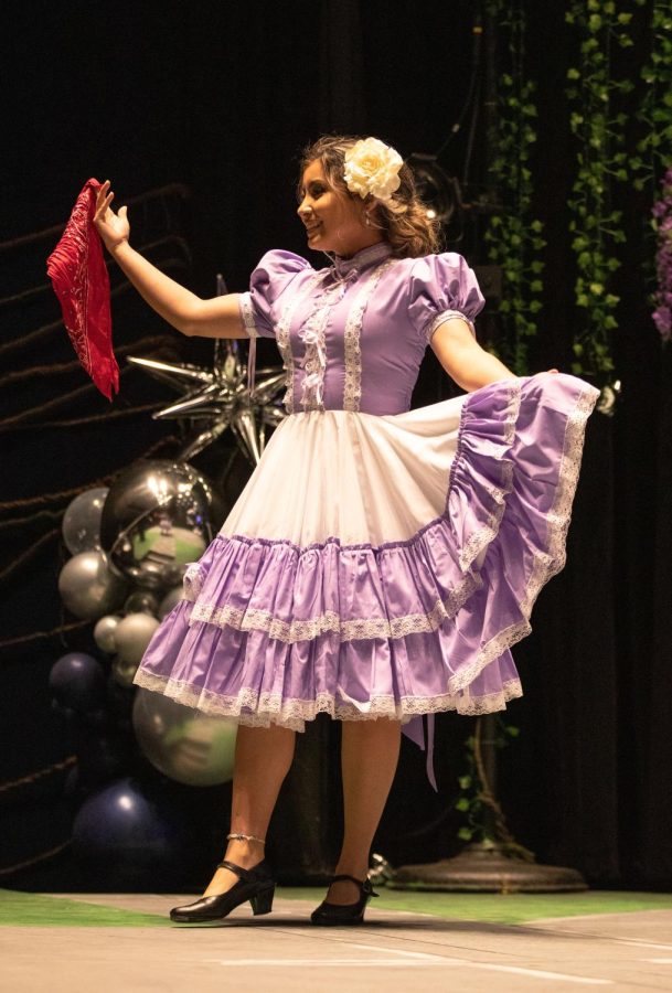 Miss Chile Alondra Pacheco presents her dress during the cultural presentation phase of the Miss Latinoamérica pageant hosted by OLAS in the Spartan Auditorium on Friday, April 14, 2023. 