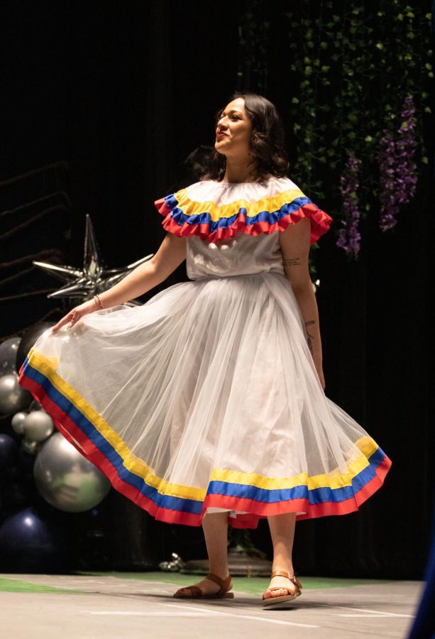 Miss Latinoamérica Kate Moreno presents her dress representing Venezuela during the cultural presentation phase of the Miss Latinoamérica pageant hosted by OLAS in the Spartan Auditorium on Friday, April 14, 2023. 