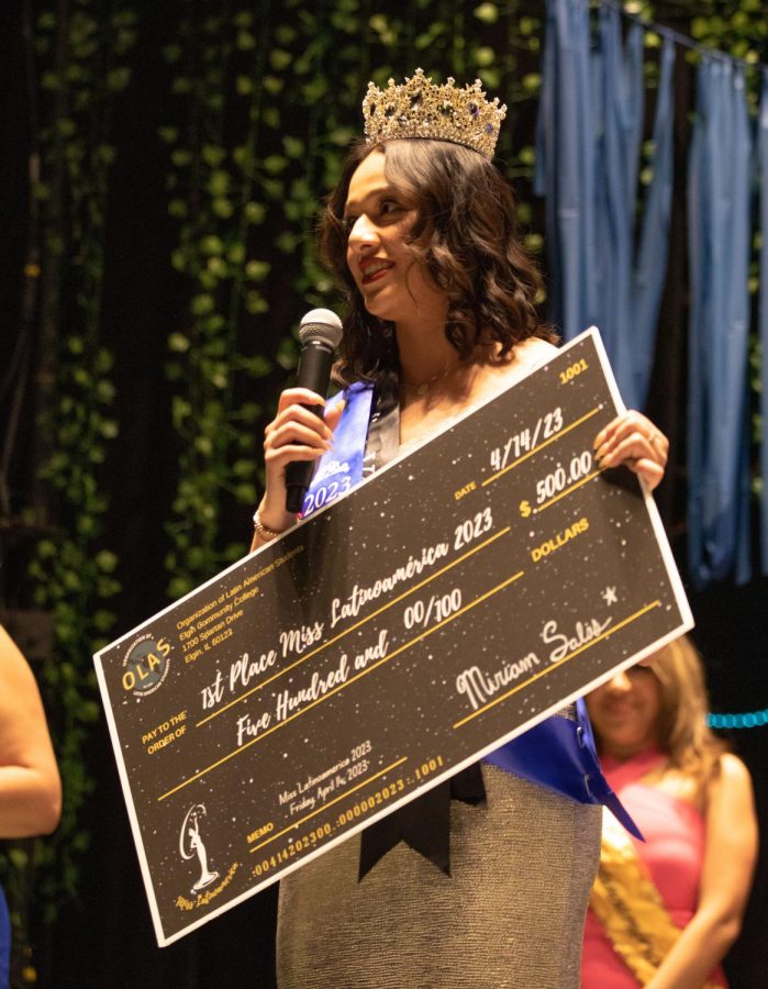 Kate Moreno talks to the audience after being awarded Miss Latinoamérica during the Miss Latinoamérica pageant hosted by OLAS in the Spartan Auditorium on Friday, April 14, 2023. 
